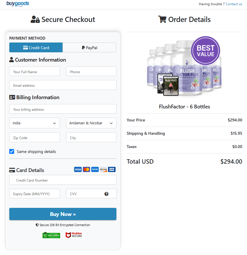 Flush Factor Plus Secured Order Page